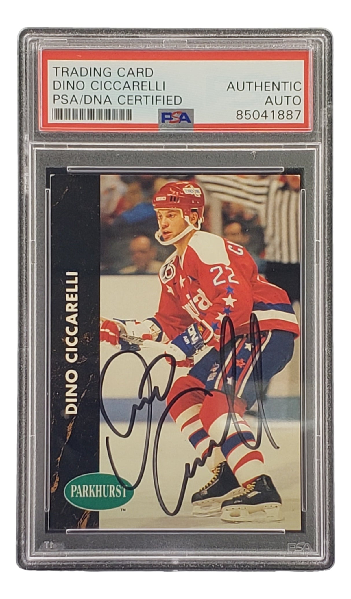 The Sports Integrity Dino Ciccarelli Signed 1991 Pro Set #193 Capitals Hockey Card is PSA/DNA certified, featuring Ciccarelli in a red Capitals uniform with #22 and holding a stick on the ice.