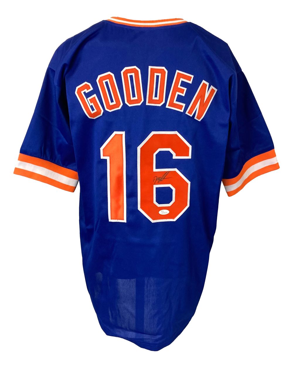 The Sports Integrity Dwight Doc Gooden New York Signed Blue Baseball Jersey JSA features "GOODEN" and number 16 on the back, with a signature on the number 6. The jersey is blue with orange and white trim.