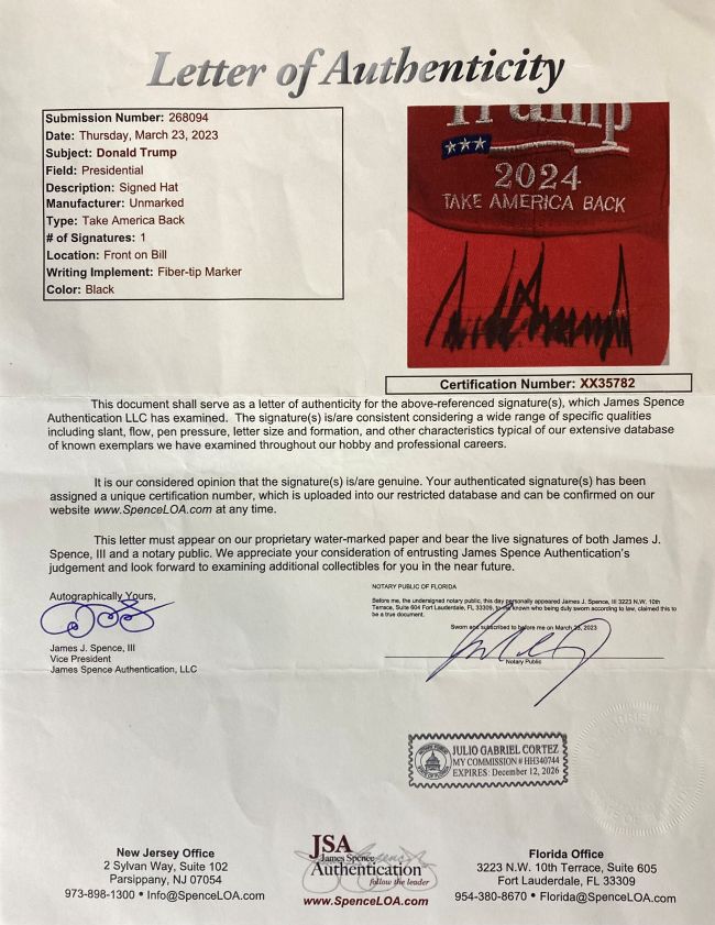 President Donald Trump Signed 2024 Take America Back Adjustable Hat JSA LOA