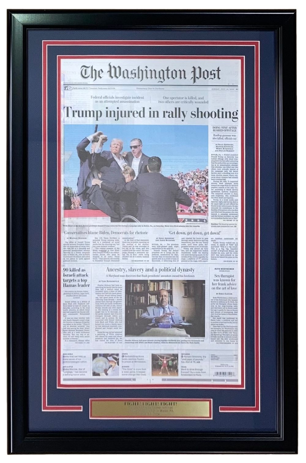 The Sports Integrity Donald Trump Framed Washington Post Assassination Attempt Newspaper Cover features the front page with the headline "Trump injured in rally shooting" and includes a photo of security escorting him and visible articles below.