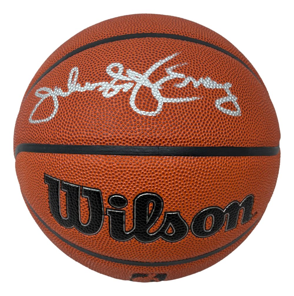 A Julius Dr. J Erving Philadelphia 76ers Signed Wilson I/O Basketball by Sports Integrity features a black textured surface, prominent Wilson branding, and an autograph in silver marker on the top panel.