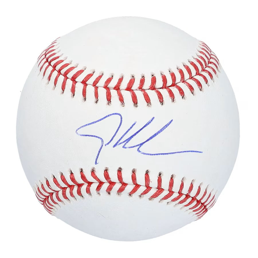 The Sports Integrity Adley Rutschman Baltimore Orioles Signed Official MLB Baseball features a blue signature on a white ball with red stitching, photographed against a plain white background.