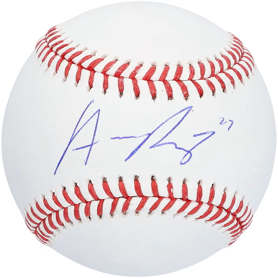 A Sports Integrity Austin Riley Atlanta Braves Signed Official MLB Baseball featuring a blue autograph and the number 27 next to the signature on a white ball with red stitching.