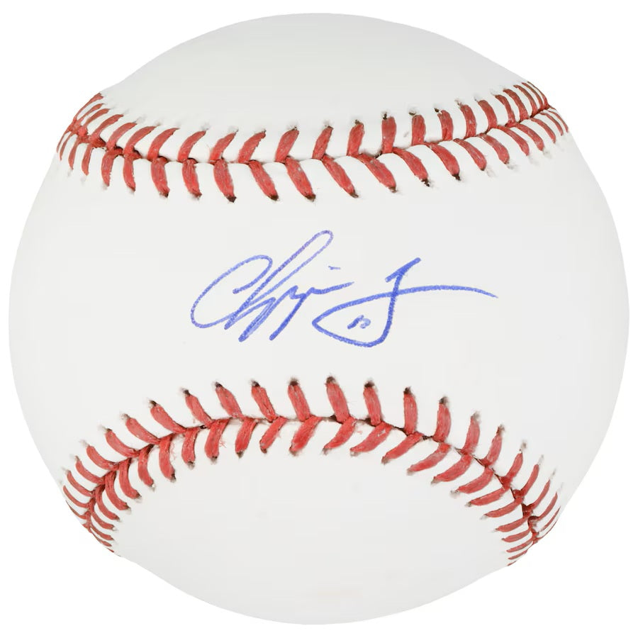 A Chipper Jones Atlanta Braves Signed Official MLB Baseball by Sports Integrity, featuring a blue autograph on a white ball with red stitching.