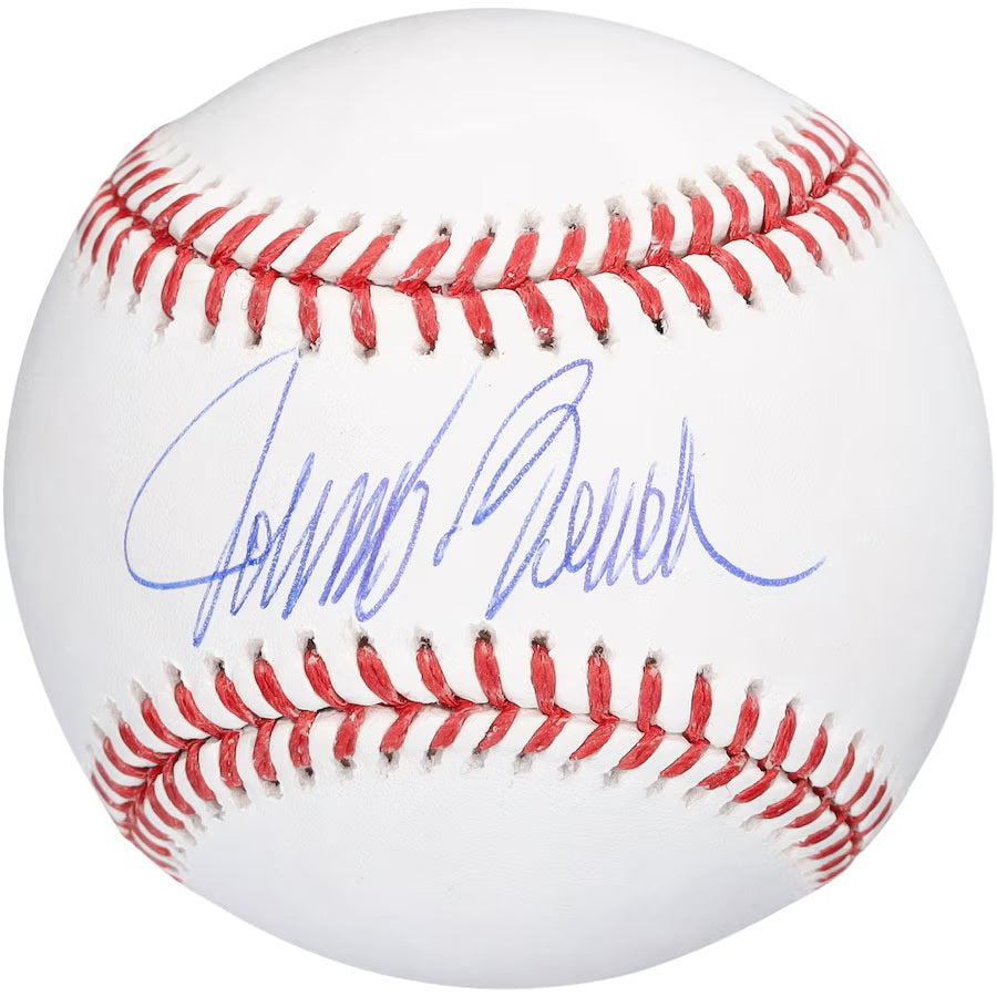 The Sports Integrity Johnny Bench Cincinnati Reds Signed Official MLB Baseball features a large blue autograph across its white surface with red stitching.