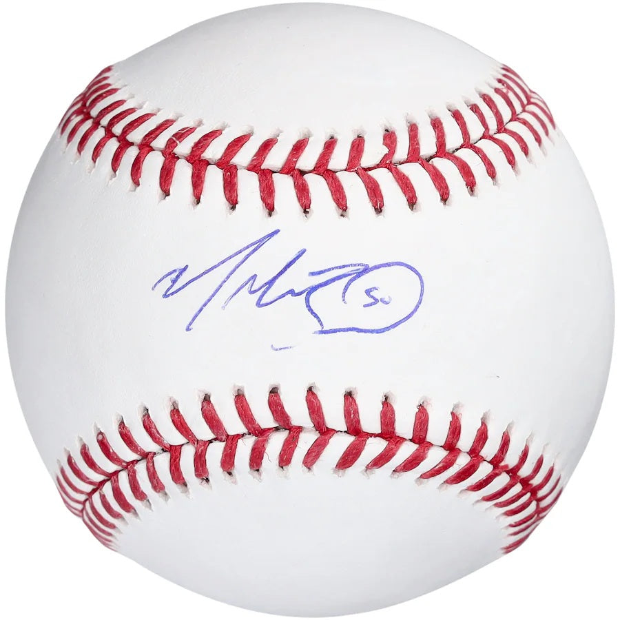 The Mookie Betts Los Angeles Dodgers Signed Official MLB Baseball by Sports Integrity features a blue-ink autograph and the number 50 on a white ball with red stitching.