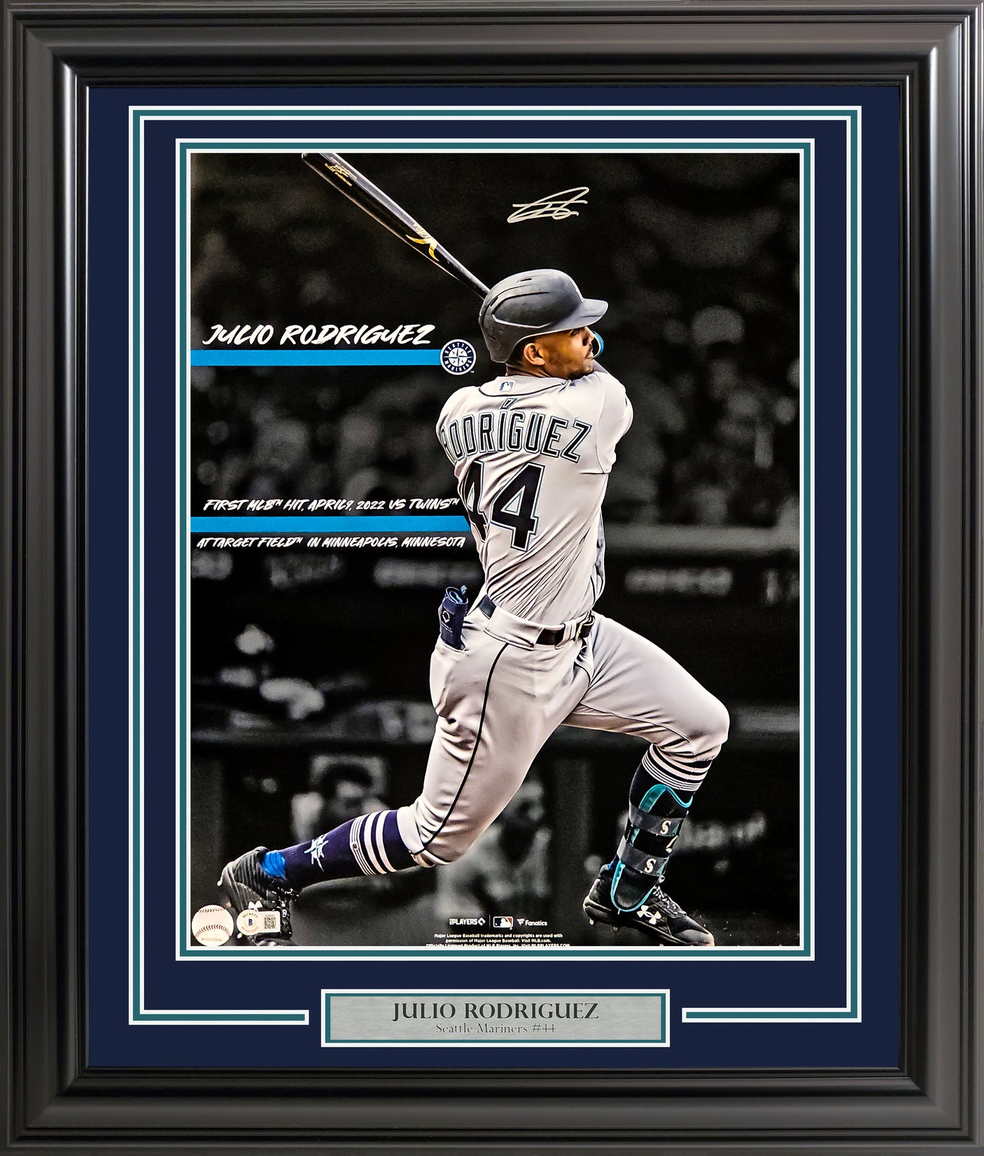 Julio Rodriguez Autographed Framed 16x20 Photo Seattle Mariners 1st Hit Beckett BAS QR Stock #221129