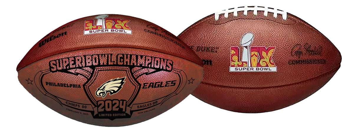 Two Sports Integrity footballs: one is the Philadelphia Eagles Authentic Super Bowl 59 LIX Commemorative Duke Football; the other features the official Super Bowl logo and Wilson branding.