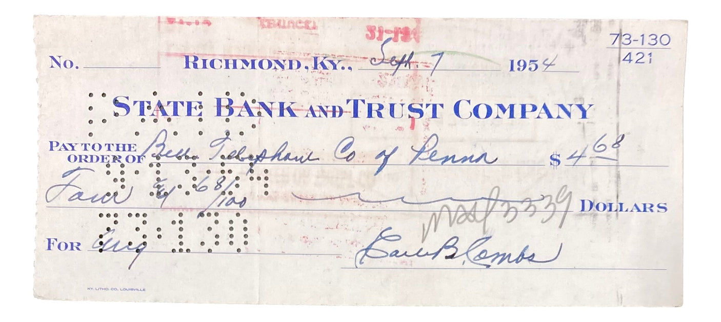 Earle Combs New York Yankees Signed Bank Check BAS