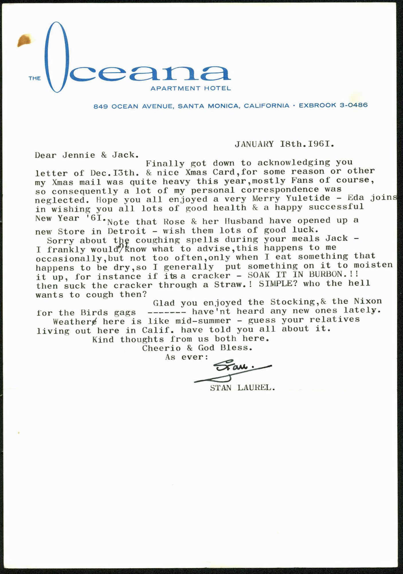 Stan Laurel Authentic Signed 7.25x10.5 1961 Oceana Hotel Letter PSA/DNA #Z08546