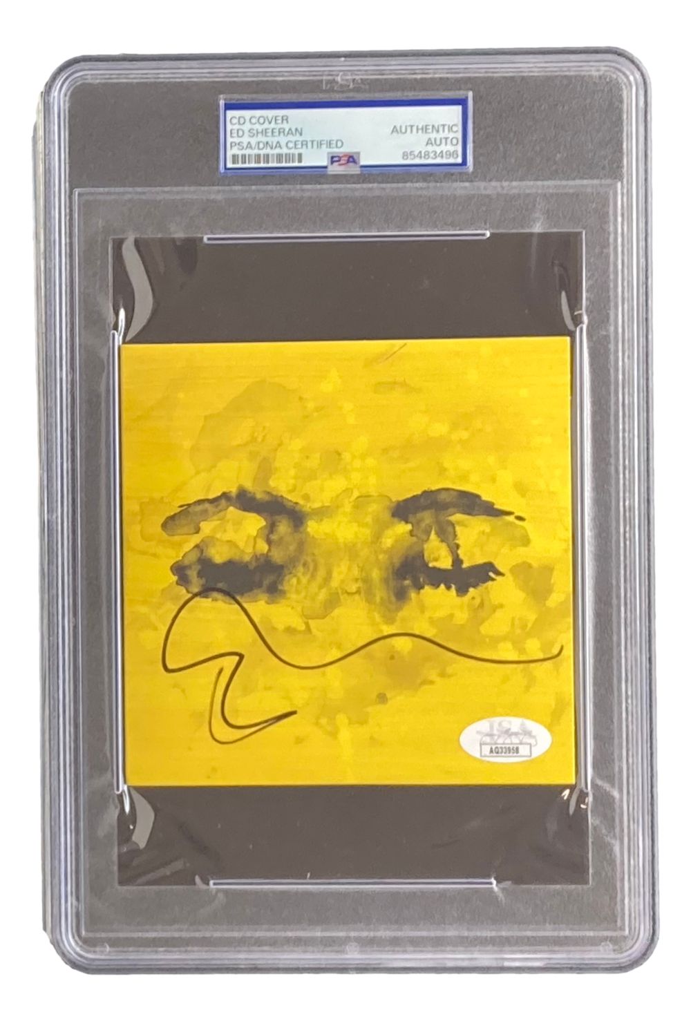The Sports Integrity Ed Sheeran Signed Slabbed Eyes Closed CD Booklet features his signature on the cover, PSA authenticated and displayed in a protective case.