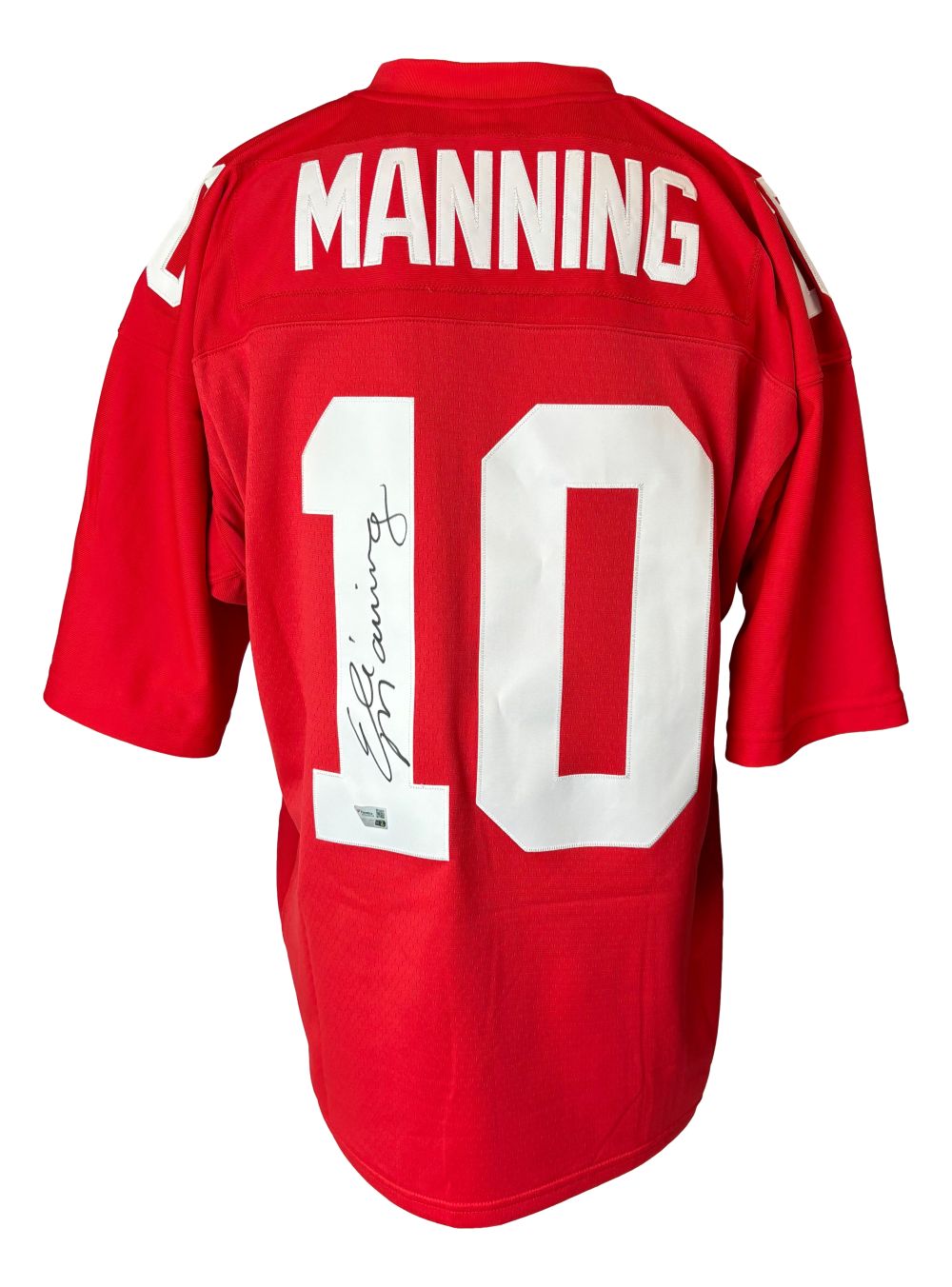 A Sports Integrity Eli Manning Signed New York Giants M&N 2004 Red Legacy Jersey features “MANNING” and number 10 in white, with his signature on the back number 1.