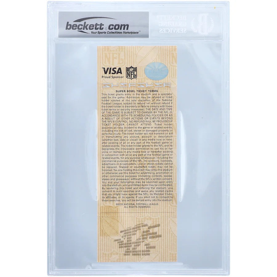 An Eli Manning Signed New York Giants Super Bowl XLII Ticket, BAS Auto 10 by Sports Integrity, is vertically oriented with blue and gold accents, NFL and Visa logos, printed terms on back, and secured in a Beckett.com clear holder.