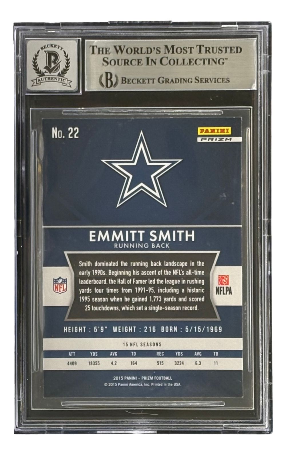 Emmitt Smith Signed 2016 Prizm #22 Dallas Cowboys Trading Card BAS Auto 10