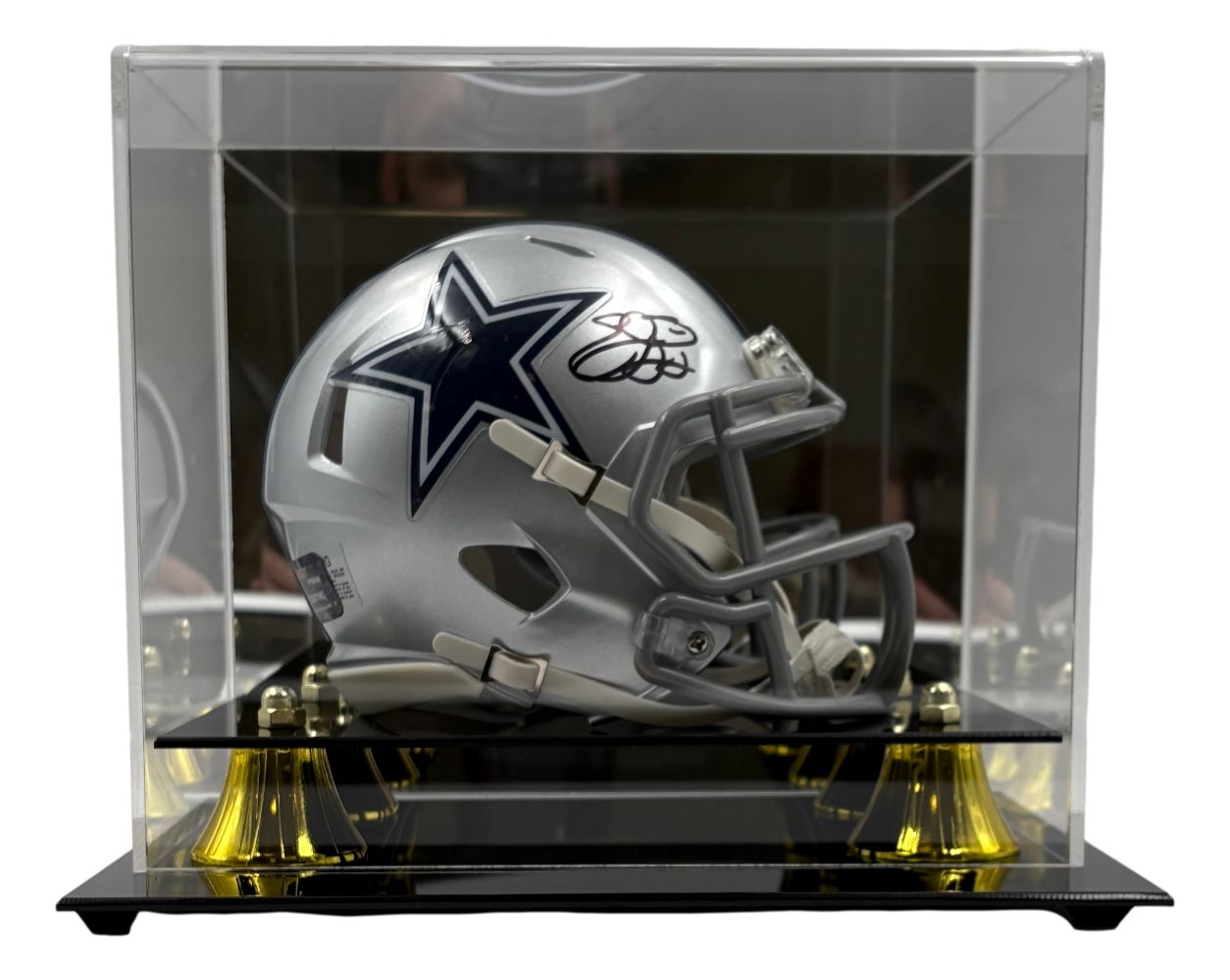 The Emmitt Smith Signed Dallas Cowboys Mini Speed Helmet by Sports Integrity is showcased in a Prova Hologram display case with gold-accented base.