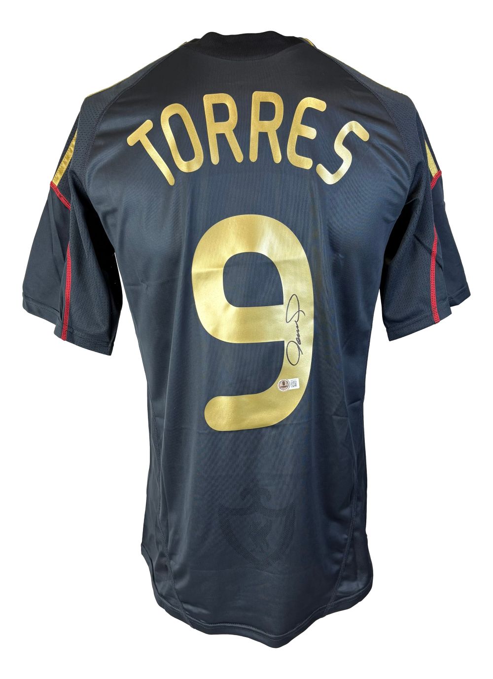 The Sports Integrity Fernando Torres Signed Liverpool Black Adidas Soccer Jersey features gold lettering with "TORRES" and number 9, a signature on the number, plus red and gold sleeve accents.