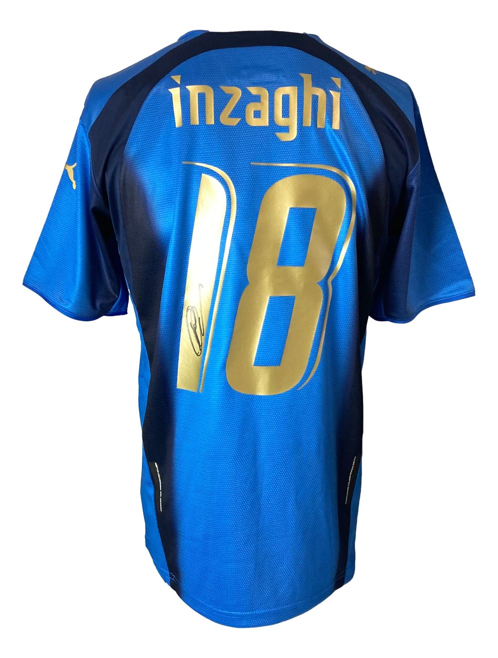 The Filippo Inzaghi Signed Italy Puma Soccer Jersey by Sports Integrity features a blue design with dark shoulder and side accents, gold “Inzaghi 18” on the back, and a black autograph on the number.