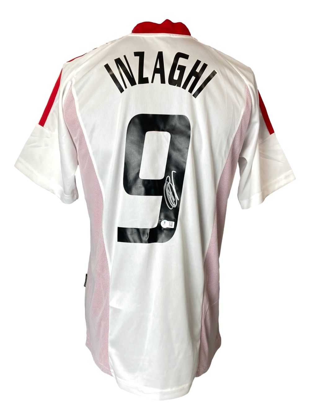 Sports Integrity Filippo Inzaghi Signed AC Milan Adidas 2003 Champions League soccer jersey with INZAGHI and number 9 on the back, number signed in white marker.