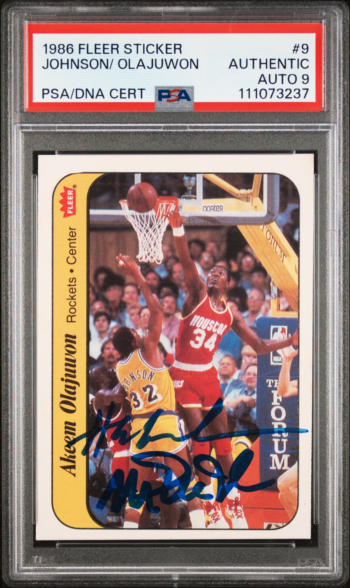 Magic Johnson Hakeem Olajuwon Signed 1986 Fleer Sticker #9 Card Auto 9 PSA Slab