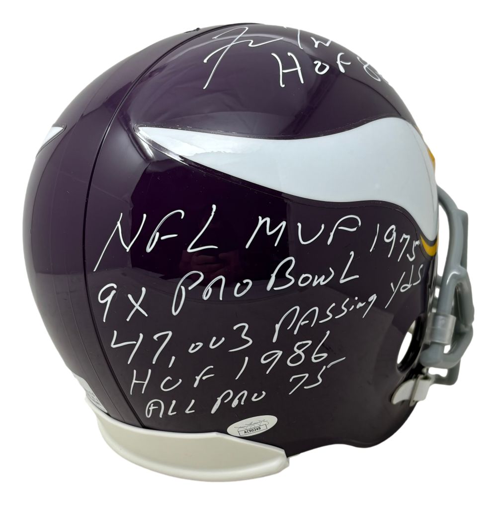 Fran Tarkenton Signed Vikings Full Size Replica Helmet w/ Stats Insc JSA Holo