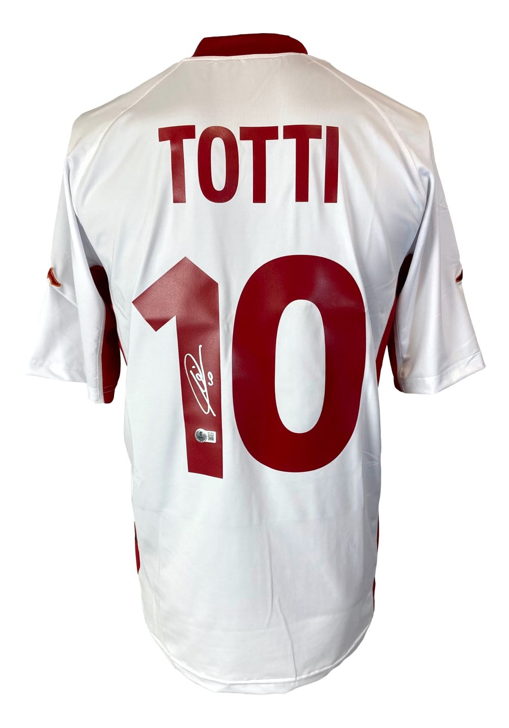 The Sports Integrity Francesco Totti Signed AS Roma White Kappa Soccer Jersey features red accents, TOTTI and number 10 on the back, with the number 10 signed in white ink. Authenticated by BAS.