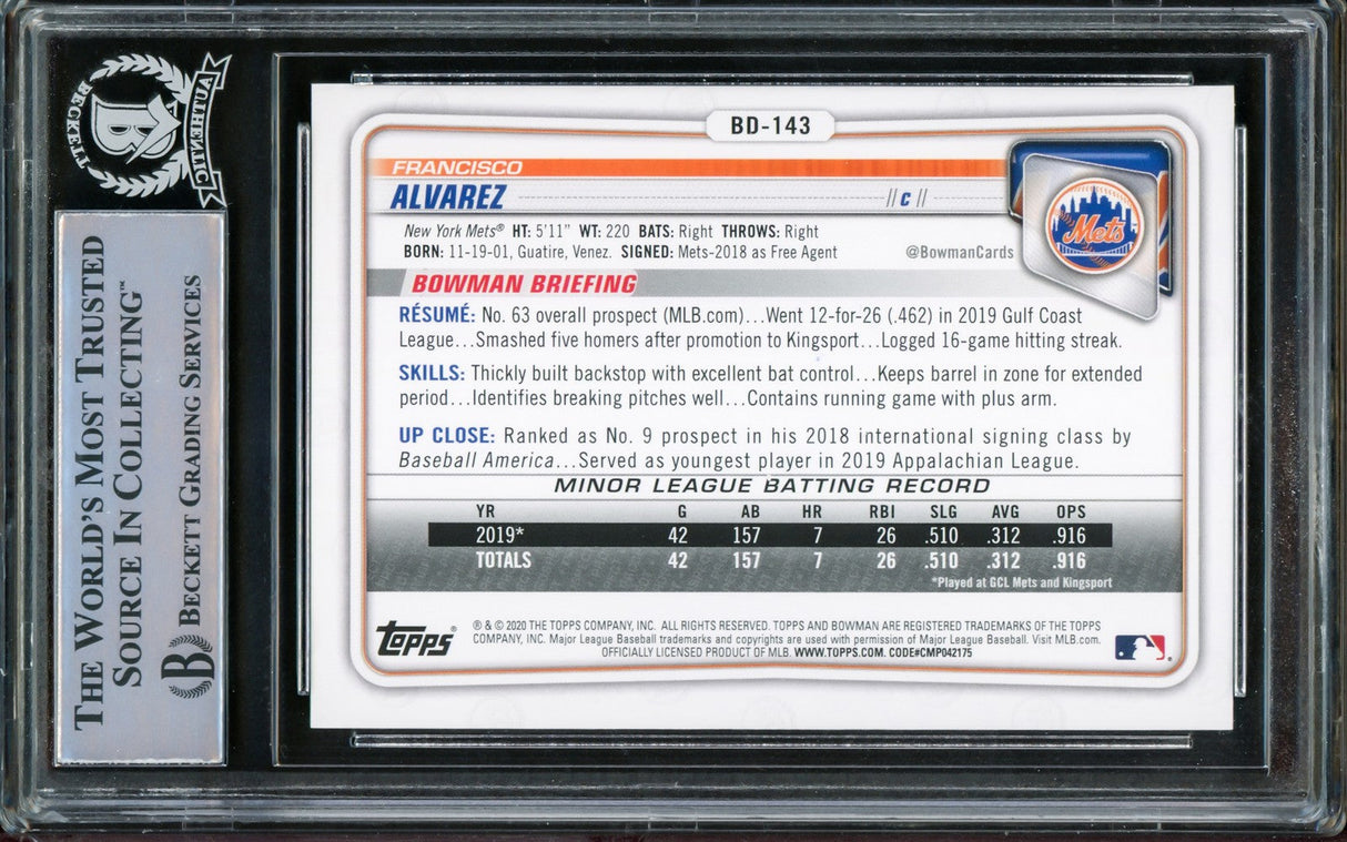 Francisco Alvarez Signed 2020 Bowman Draft #BD143 New York Mets Rookie Card BAS