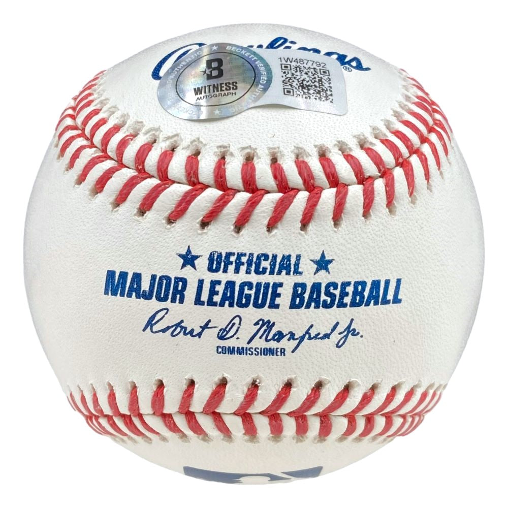 A close-up of a Frank Thomas Chicago White Sox Signed Official MLB Baseball by Sports Integrity, featuring red stitching, blue text, signature, and a Beckett authentication sticker with QR code near the top.