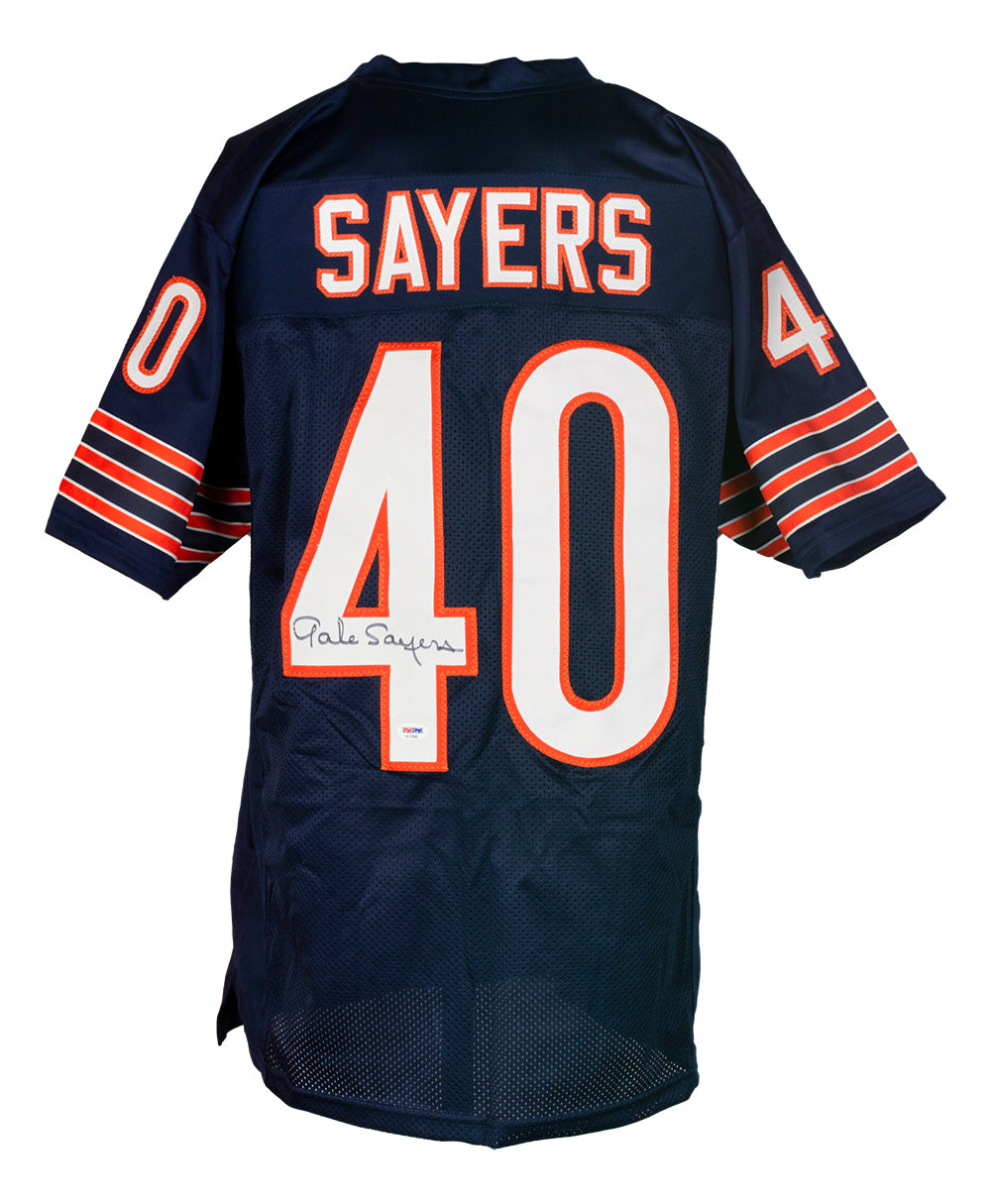 This Sports Integrity Gale Sayers Signed Custom Blue Pro Style Football Jersey (PSA/DNA) features "SAYERS" and #40 in white and orange, signature on the back, and orange/white sleeve stripes.