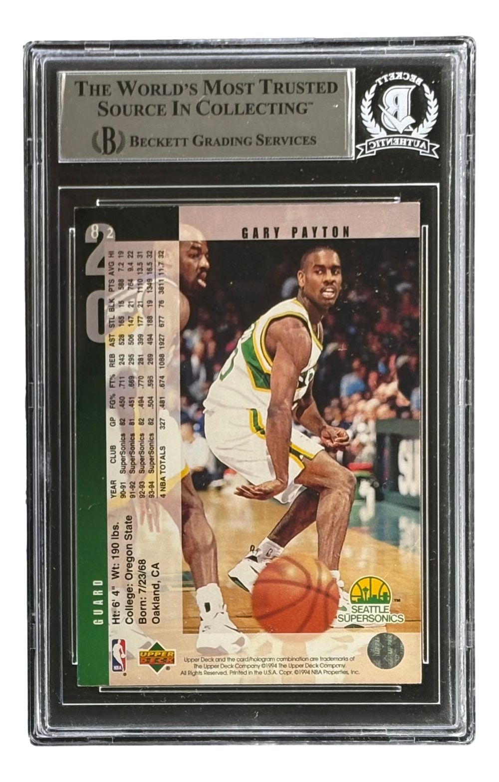 Gary Payton Signed 1994/95 Upper Deck #82 Seattle Sonics Trading Card HOF 2013 BAS