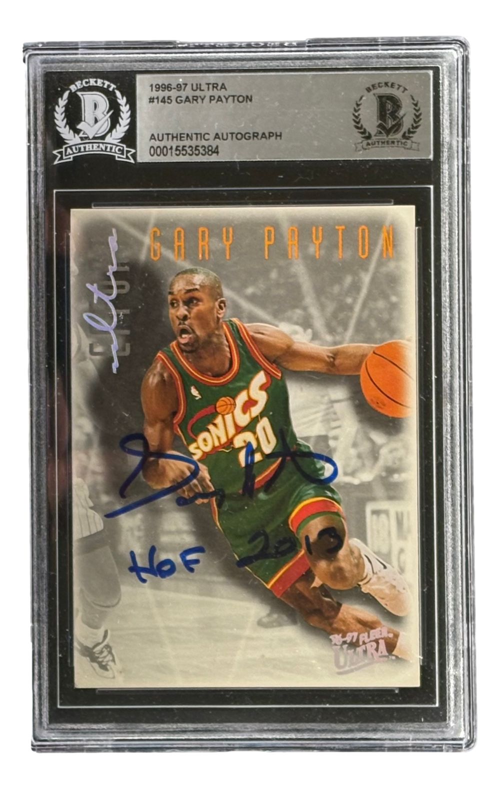 The Sports Integrity Gary Payton Signed 1996/97 Ultra #145 Seattle Sonics Trading Card (HOF 2013) is autographed and authenticated by BAS, featuring Payton in action and securely encased for protection.