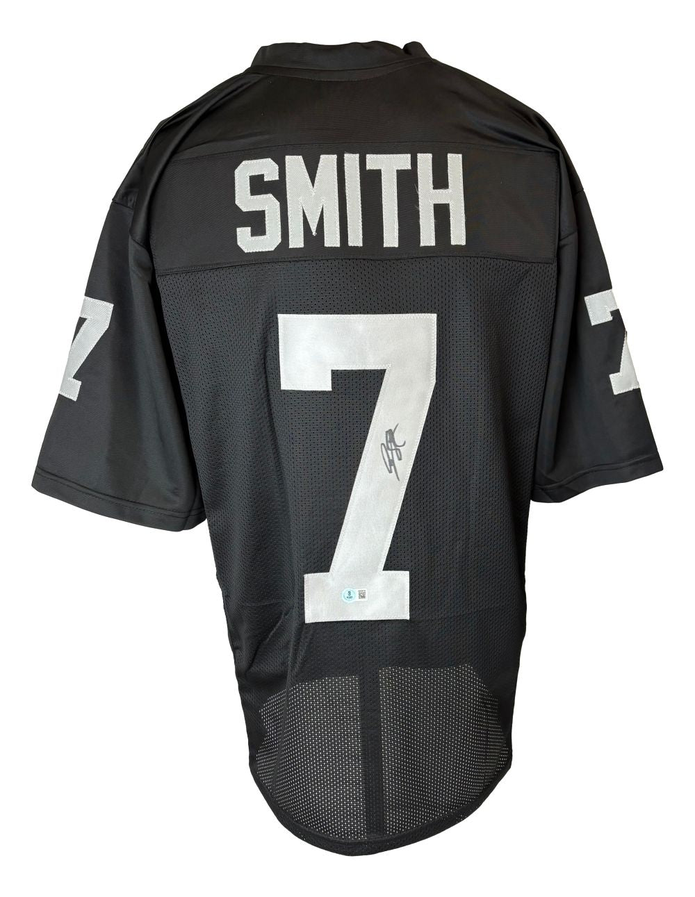 The Sports Integrity Geno Smith Las Vegas Signed Black Football Jersey features "SMITH" on the back, a large autographed white number 7 beneath the name, and the number 7 on each sleeve.