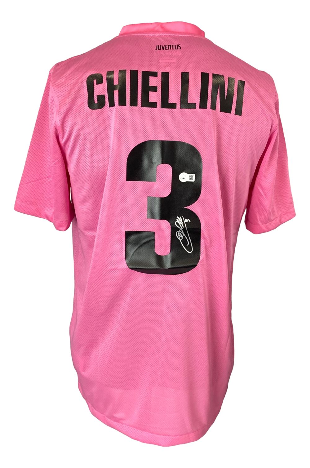 The Giorgio Chiellini Signed Juventus Pink Nike Soccer Jersey by Sports Integrity features Chiellini's autograph on the number 3 in black on the back.