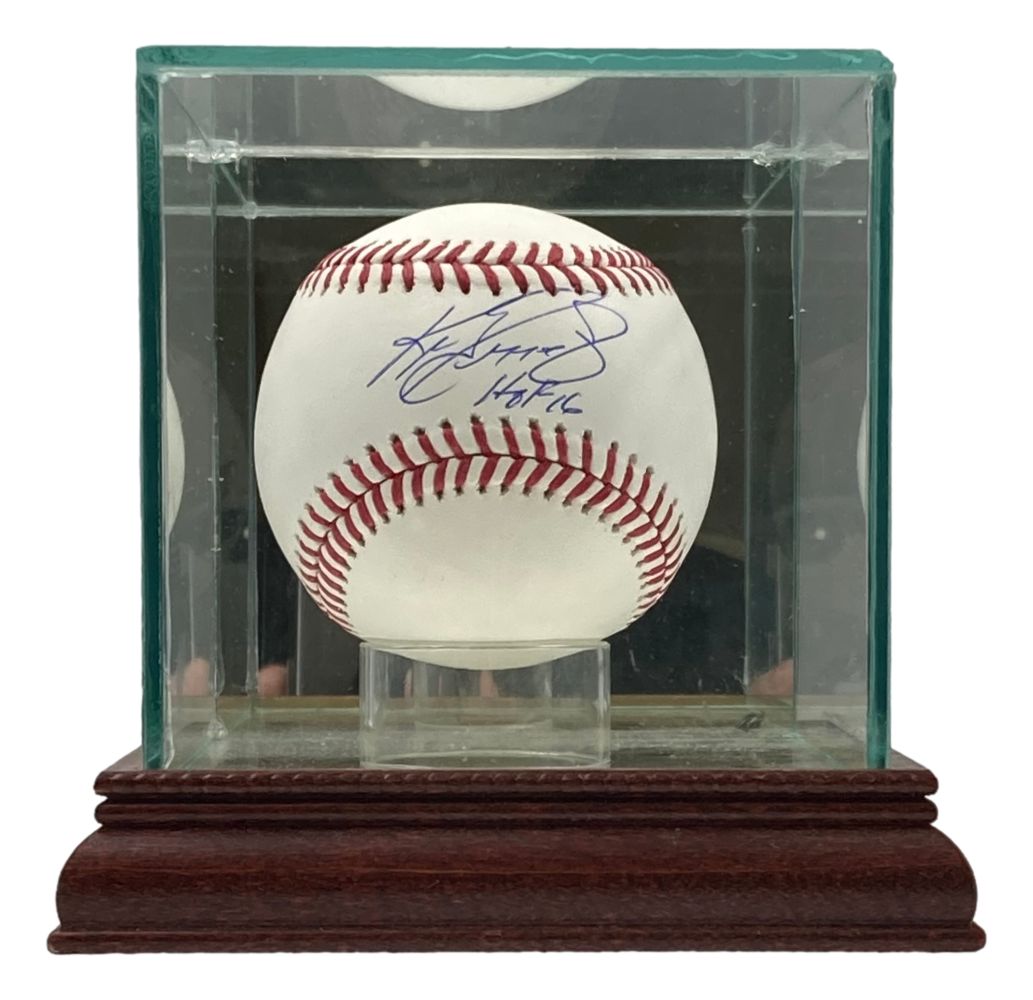 The Ken Griffey Jr Seattle Mariners Signed Official MLB Baseball HOF 16 by Sports Integrity is showcased upright in a glass case with a wooden base, featuring the signature clearly visible on the front.