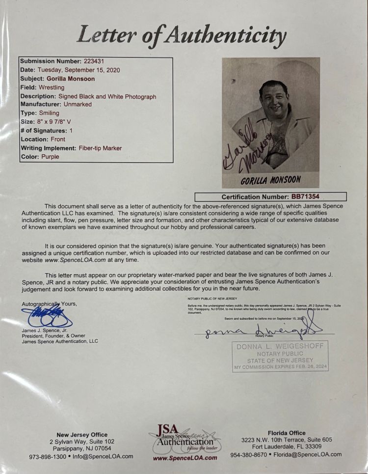 Gorilla Monsoon Signed Framed 8x10 WWE WWF Photo JSA LOA