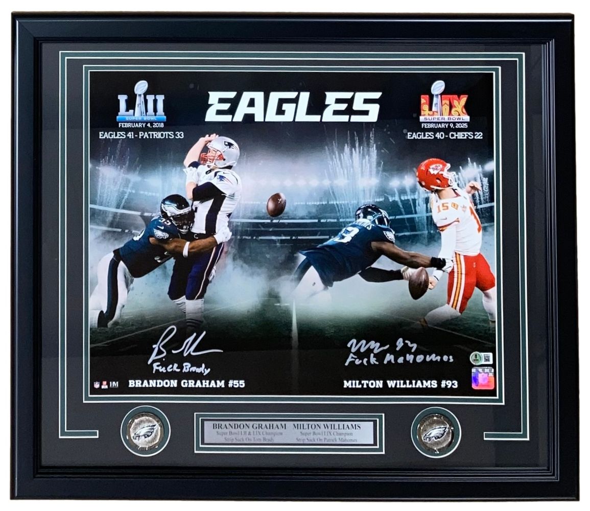 The Sports Integrity Graham Williams Signed Framed 16x20 Eagles Strip Sack Photo features Eagles defenders sacking Tom Brady and Patrick Mahomes in Super Bowls LII and LVII, complete with signatures and commemorative coins.