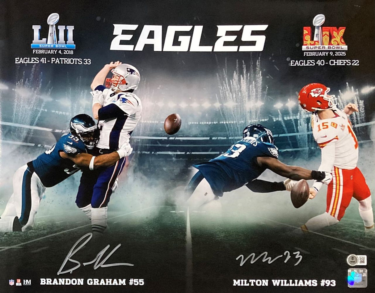 Sports Integrity B Graham M Williams Signed 16x20 Eagles Super Bowl Strip Sack Collage Photo BAS features two images: Eagles sacking Patriots in Super Bowl LII and Chiefs in Super Bowl LVII, with EAGLES title and player signatures below.