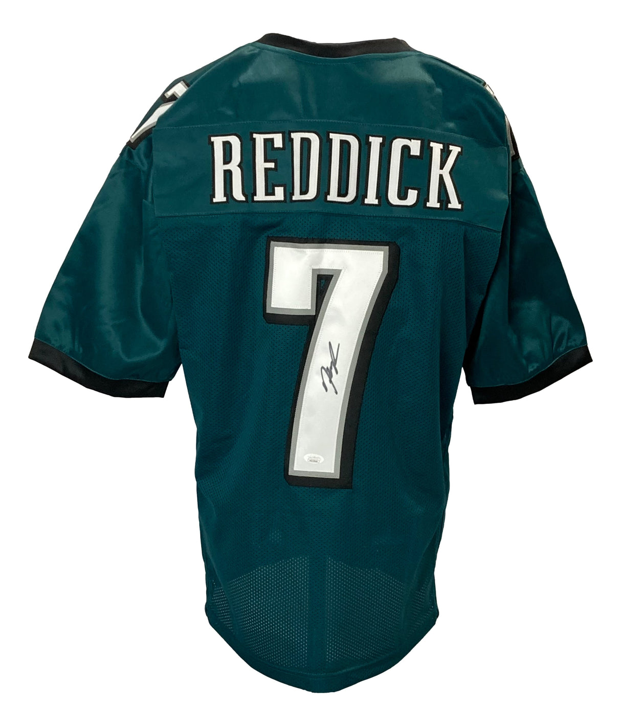 A Sports Integrity custom green pro-style football jersey with black and white trim, signed by Haason Reddick (#7) in black marker. Features "REDDICK" on the back. Philadelphia Eagles style. JSA ITP authenticated.