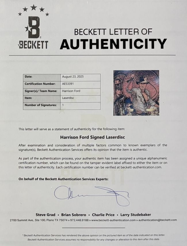 Harrison Ford Signed Indiana Jones Raiders Of The Lost Ark Laserdisc Cover BAS