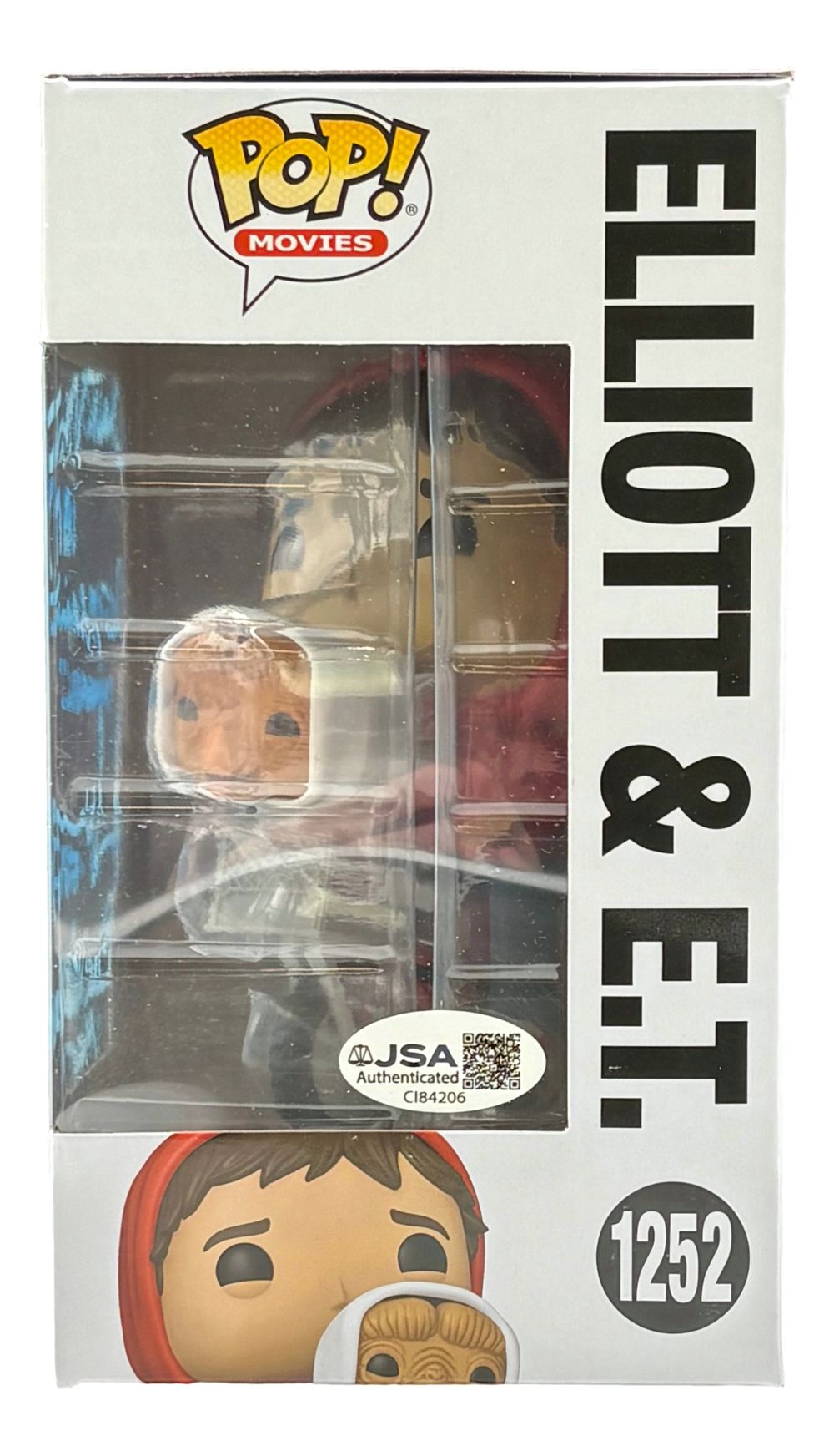 A Sports Integrity ET Cast (4) Signed Funko Pop #1252 features Elliott & E.T. with signatures from Henry Thomas, Matthew De Merritt, and more, plus a visible JSA authentication sticker on the display box.