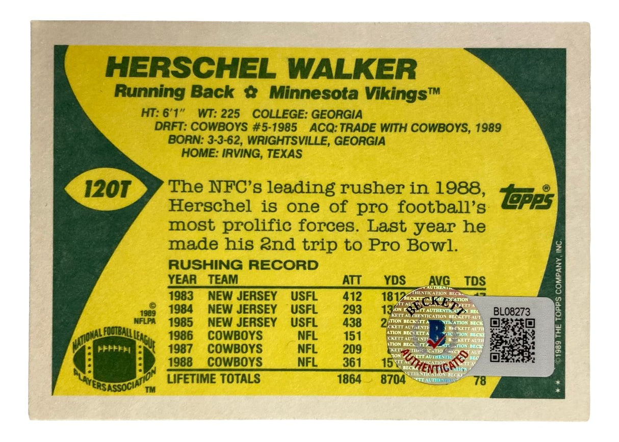 The Herschel Walker Signed 1989 Topps #120T Minnesota Vikings Trading Card by Sports Integrity features stats, career highlights, team info on the back, yellow and green accents, and a BAS certification sticker.