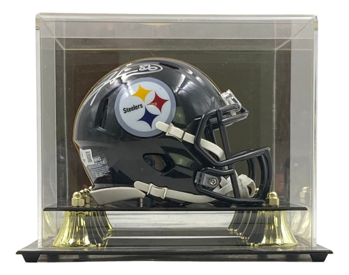 The Sports Integrity Hines Ward Signed Pittsburgh Steelers Mini Speed Replica Helmet comes in a clear display case with gold accents and a black base, showcasing the team logo on the side.