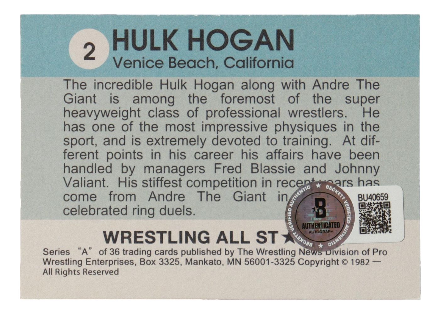 Hulk Hogan Signed Reprint 1982 Wrestling All Stars Card #2 BAS
