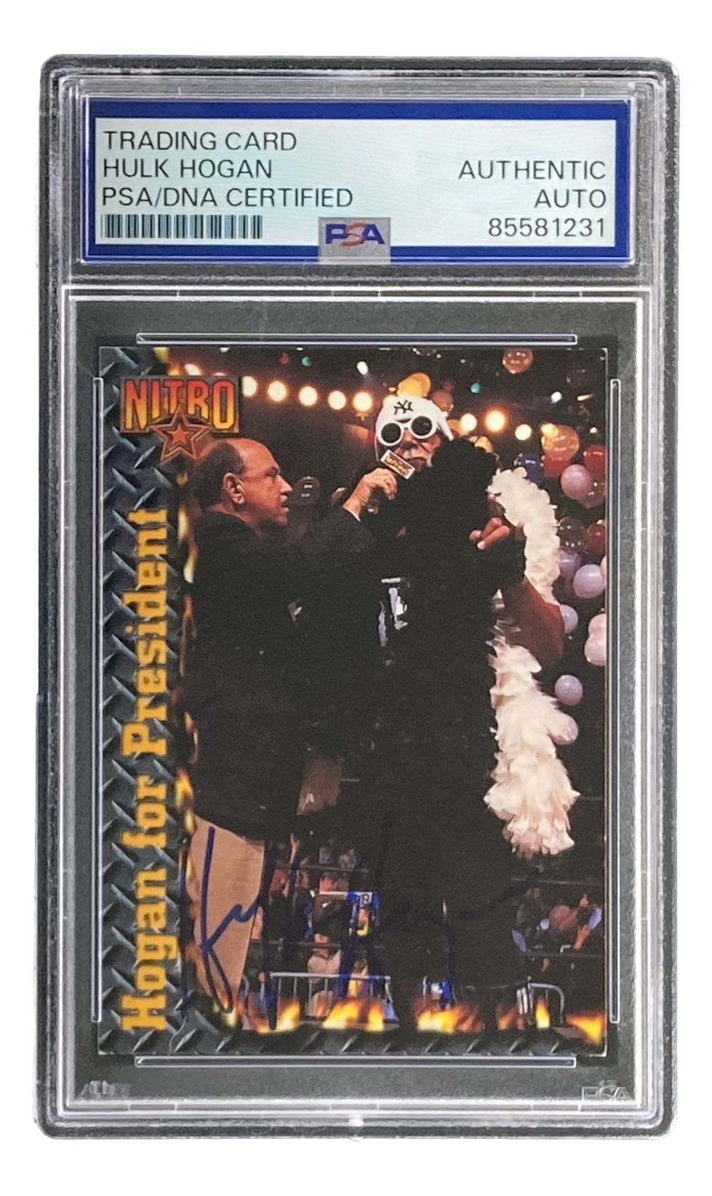 A Hulk Hogan Signed 1999 Topps WCW NWO #67 Trading Card, PSA certified by Sports Integrity, featuring Hulk Hogan with sunglasses and feather boa, on a wrestling-themed background being interviewed.