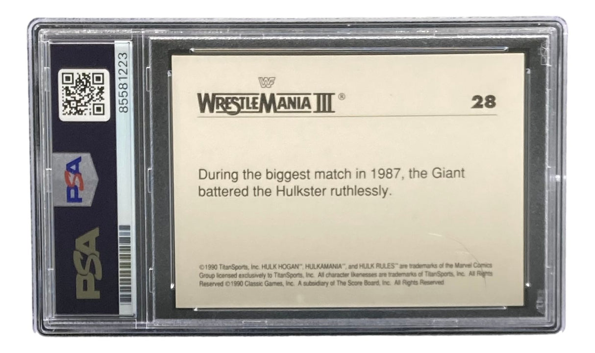 This Sports Integrity Hulk Hogan Signed 1990 Classic WWF Wrestlemania #28 Trading Card is PSA authenticated, features a QR code on the left, and recalls the epic 1987 match at WrestleMania III.