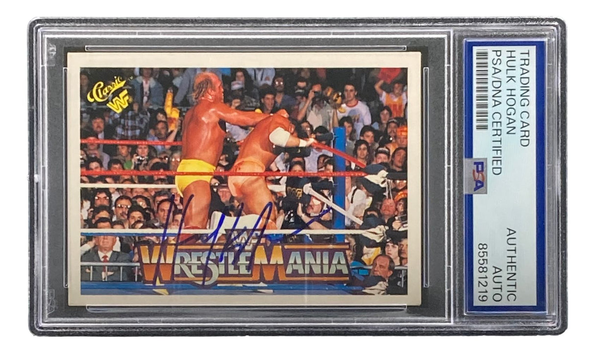 The Sports Integrity Hulk Hogan Signed 1990 Classic WWF Wrestlemania #94 Trading Card comes PSA graded, featuring Hogan battling in the ring and his autograph on the card.