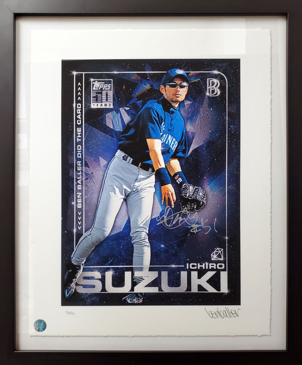 Framed Ichiro Suzuki Signed 2020 Topps Project Fine Art Print by Sports Integrity, featuring Ichiro in a Seattle Mariners uniform with a galaxy-themed background, his autograph, and bold “SUZUKI” text; includes COA.