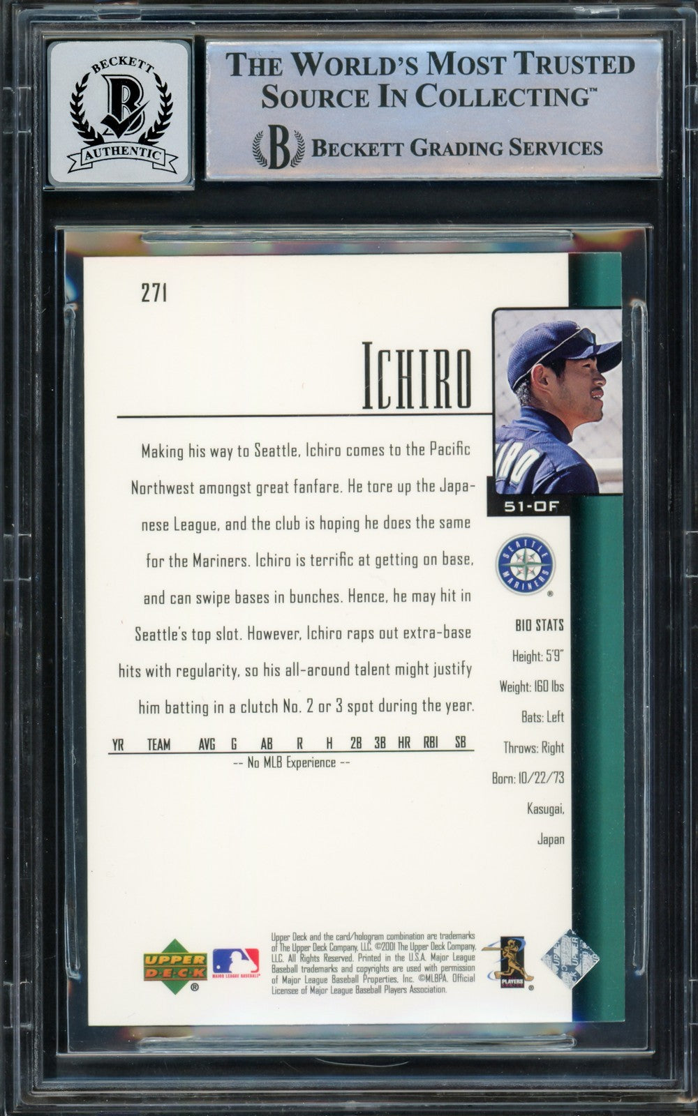 Ichiro Suzuki Signed 2001 Upper Deck #271 Mariners Rookie Card BAS Auto 10