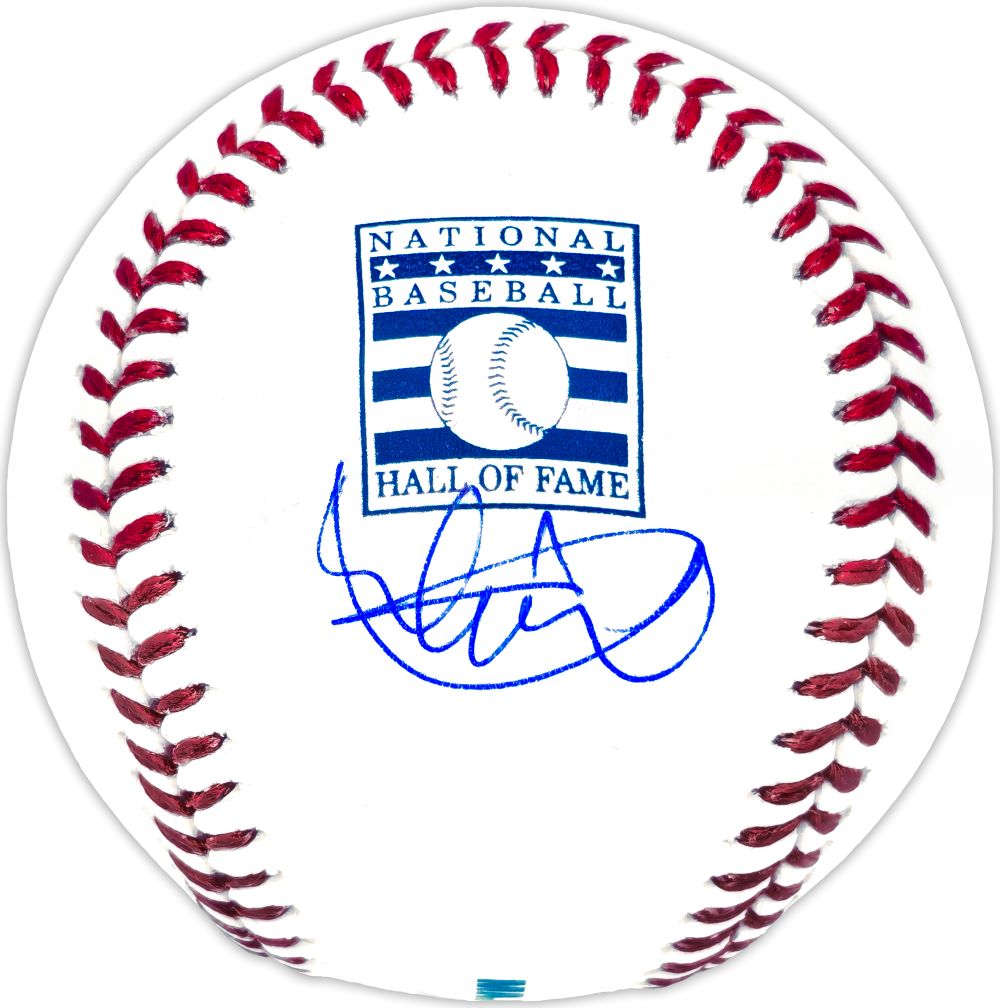 The Sports Integrity Ichiro Suzuki Seattle Mariners Signed Hall Of Fame Logo Baseball features a white ball with red stitching, a blue Hall of Fame logo, and Ichiro’s autograph in blue ink below the logo.