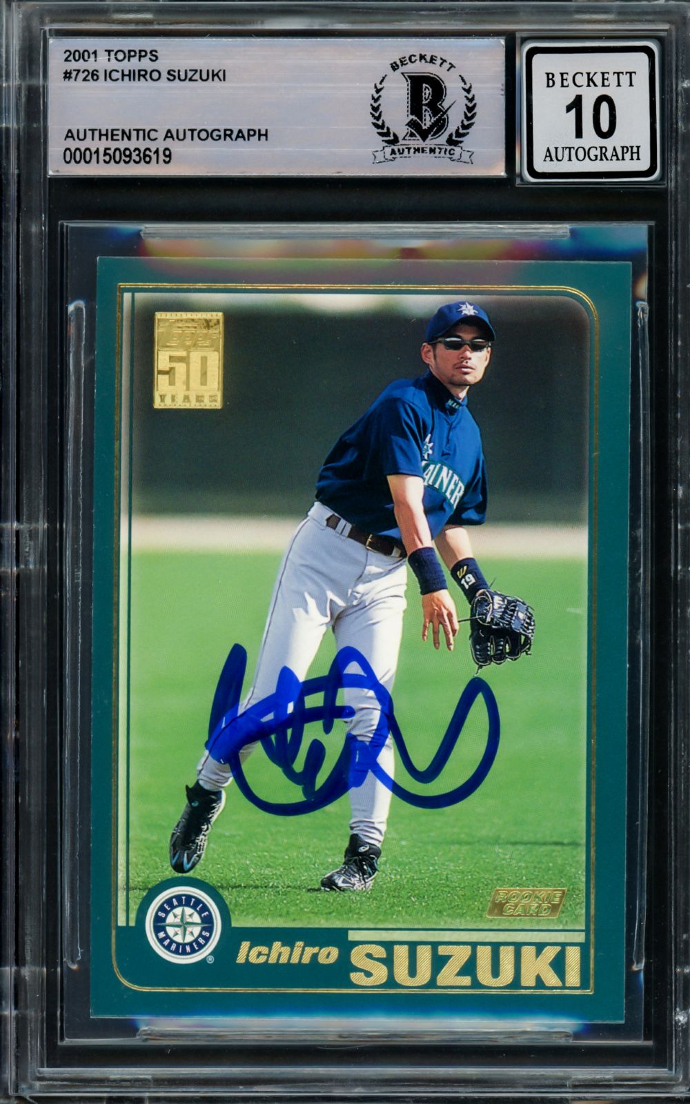 The Ichiro Suzuki Signed 2001 Topps #726 Seattle Mariners Rookie Card by Sports Integrity is in a protective holder, graded BAS Auto 10, and showcases Ichiro's bold blue autograph across the front.