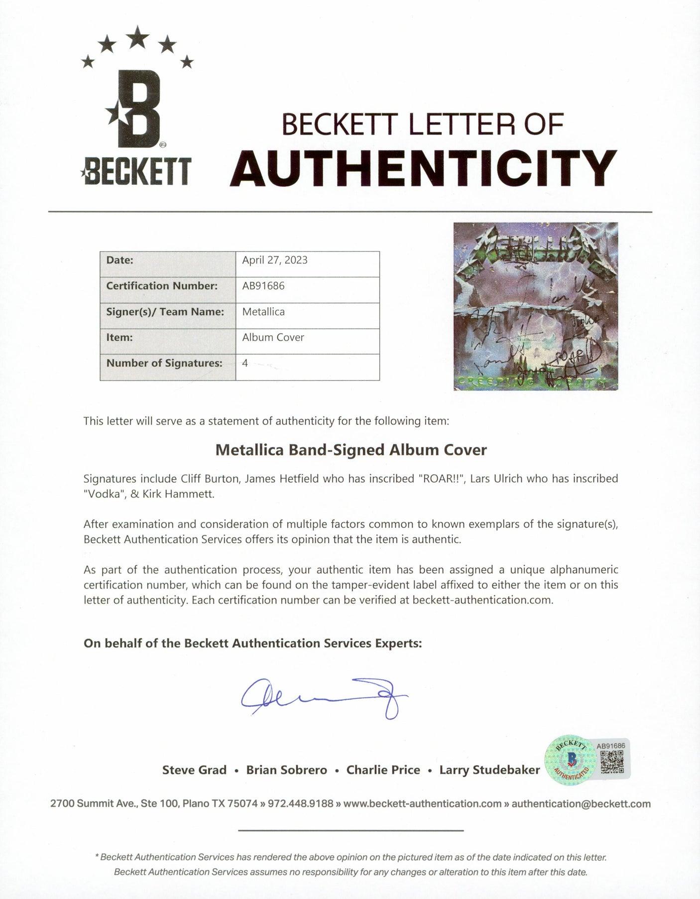 Metallica (4) Burton, Hetfield, Ulrich & Hammett Signed Album Cover BAS #AB91686